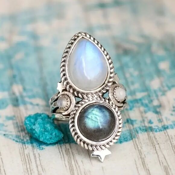 Vintage Style Silver Plated Rings  Moonstone and Labradorite Gemstone - Picture 5 of 12